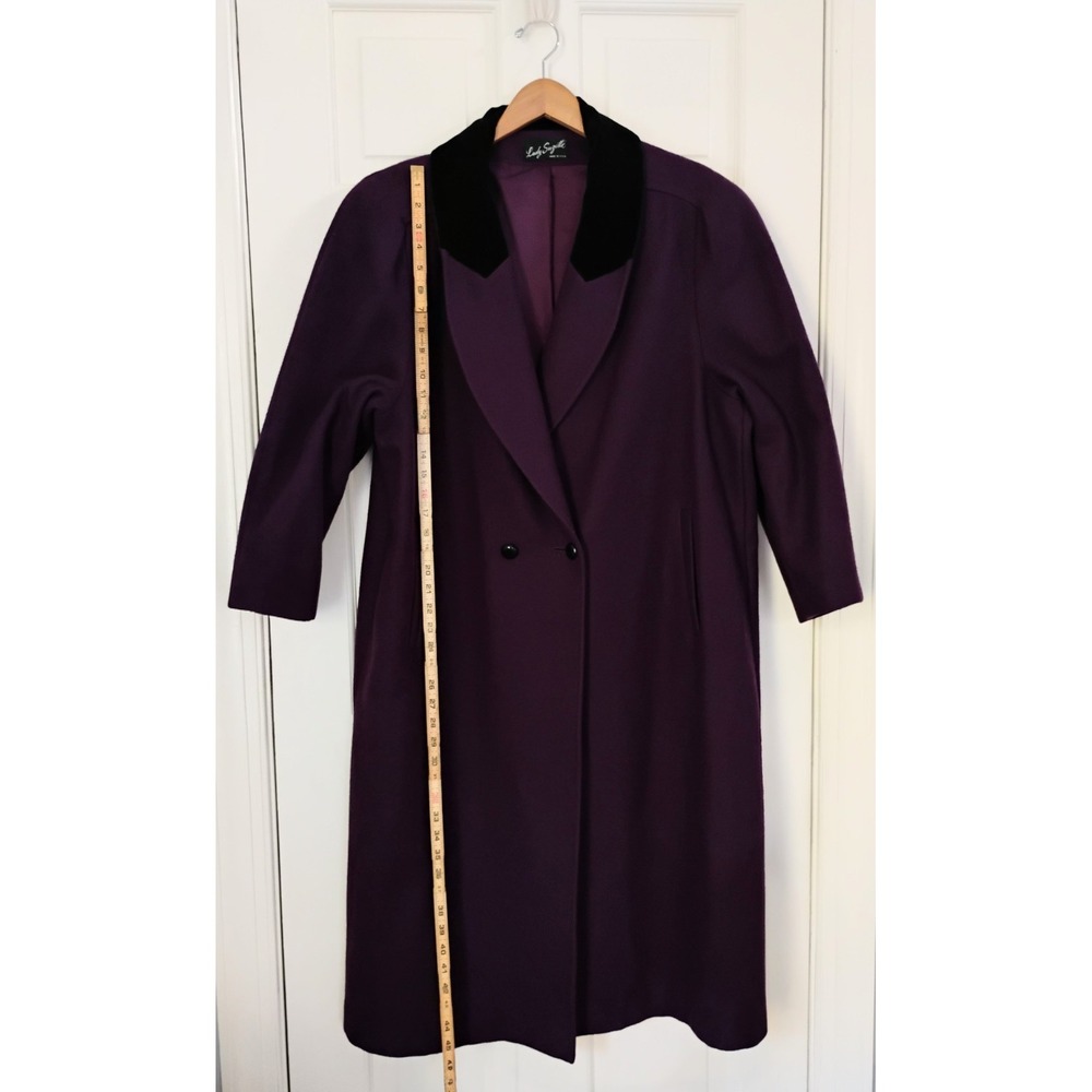 Lady Suzette Wool Blend Coat Womens XL Purple Velvet Collar VTG Long Overcoat - Picture 8 of 9